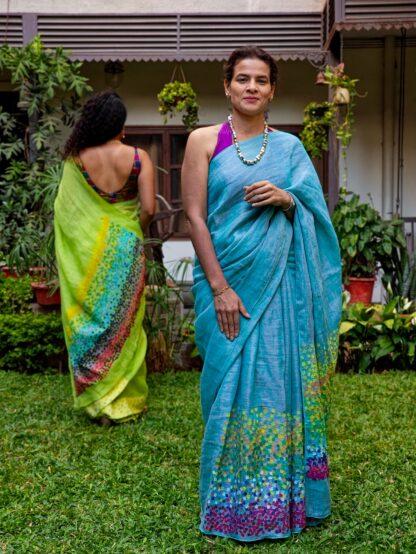 Calyz Blue Linen Saree with Collage Technique - Image 15